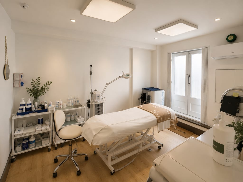 Bright treatment room with an examination bed
