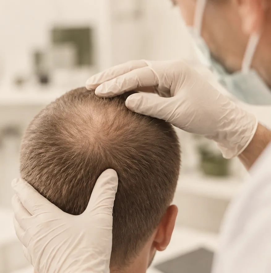 Doctor-led scalp assessment during a post-hair transplant consultation in London