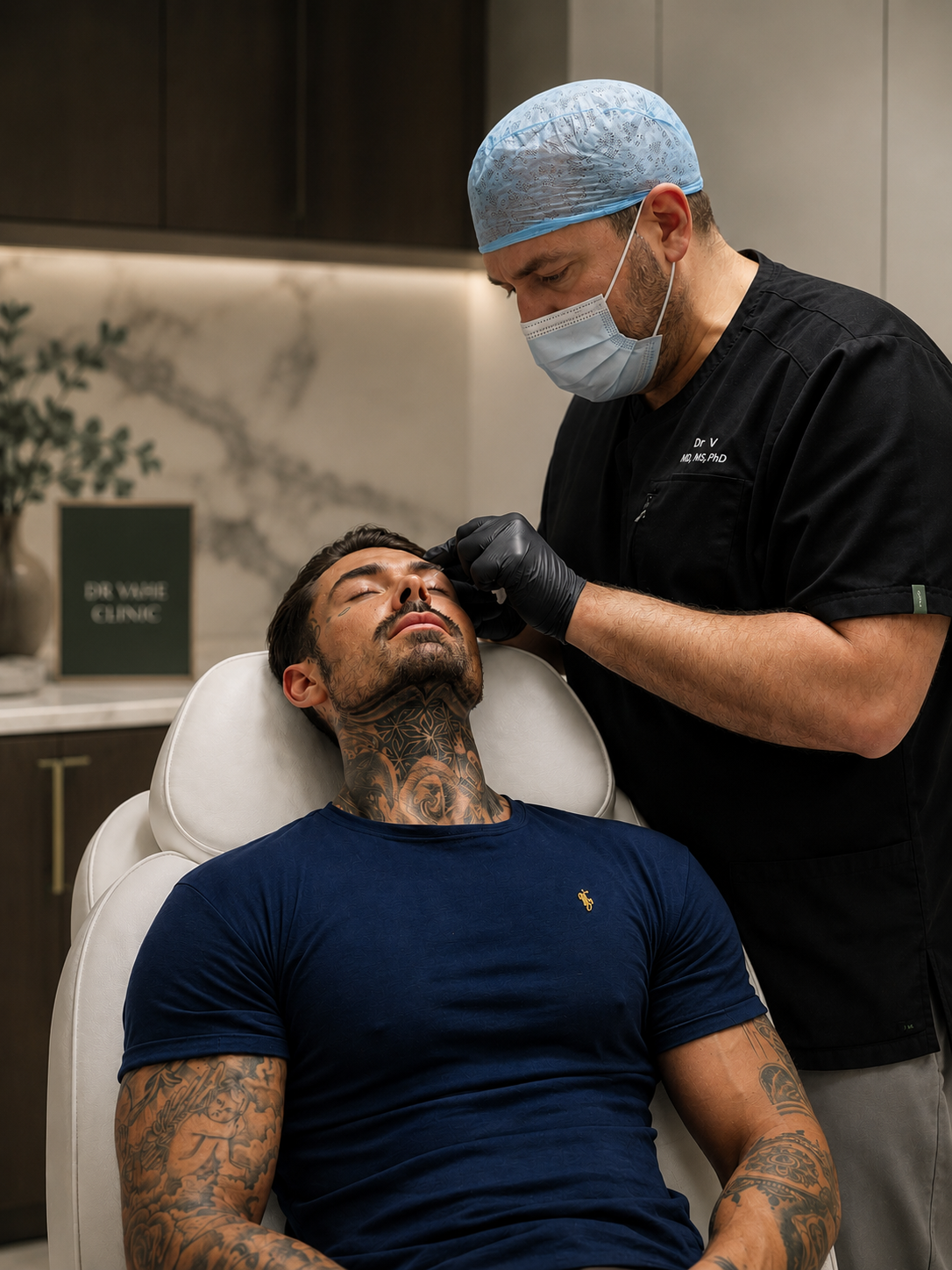 GMC-registered doctor performing a personalised facial assessment during a collagen stimulation consultation at Dr Vahe Clinic in Chelsea.